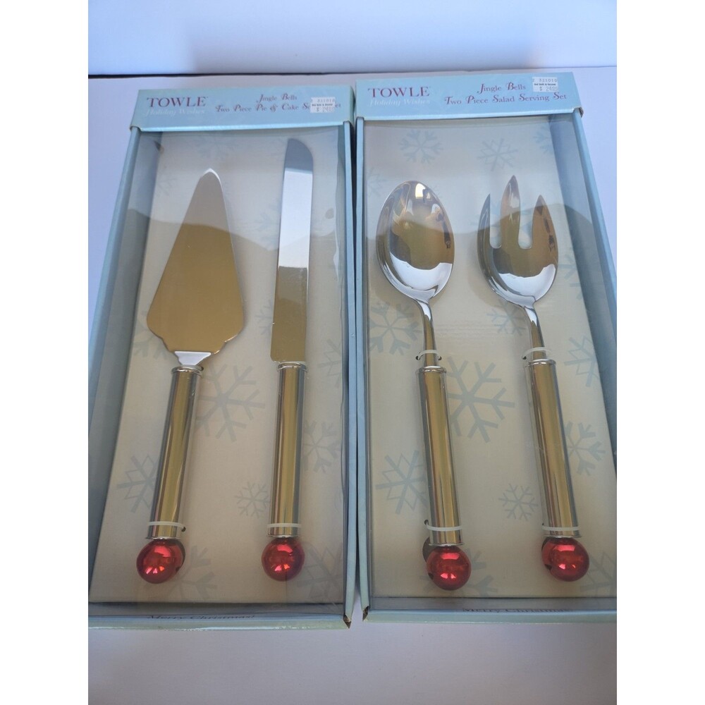 TOWLE 2010 Christmas 4pc Salad, Pie, Cake Set Jingle Bells Handle Holiday
